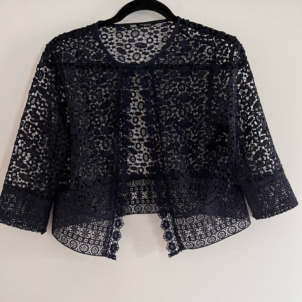 Zara Navy Blue Lace Crochet Eyelet Cropped Jacket Blazer
